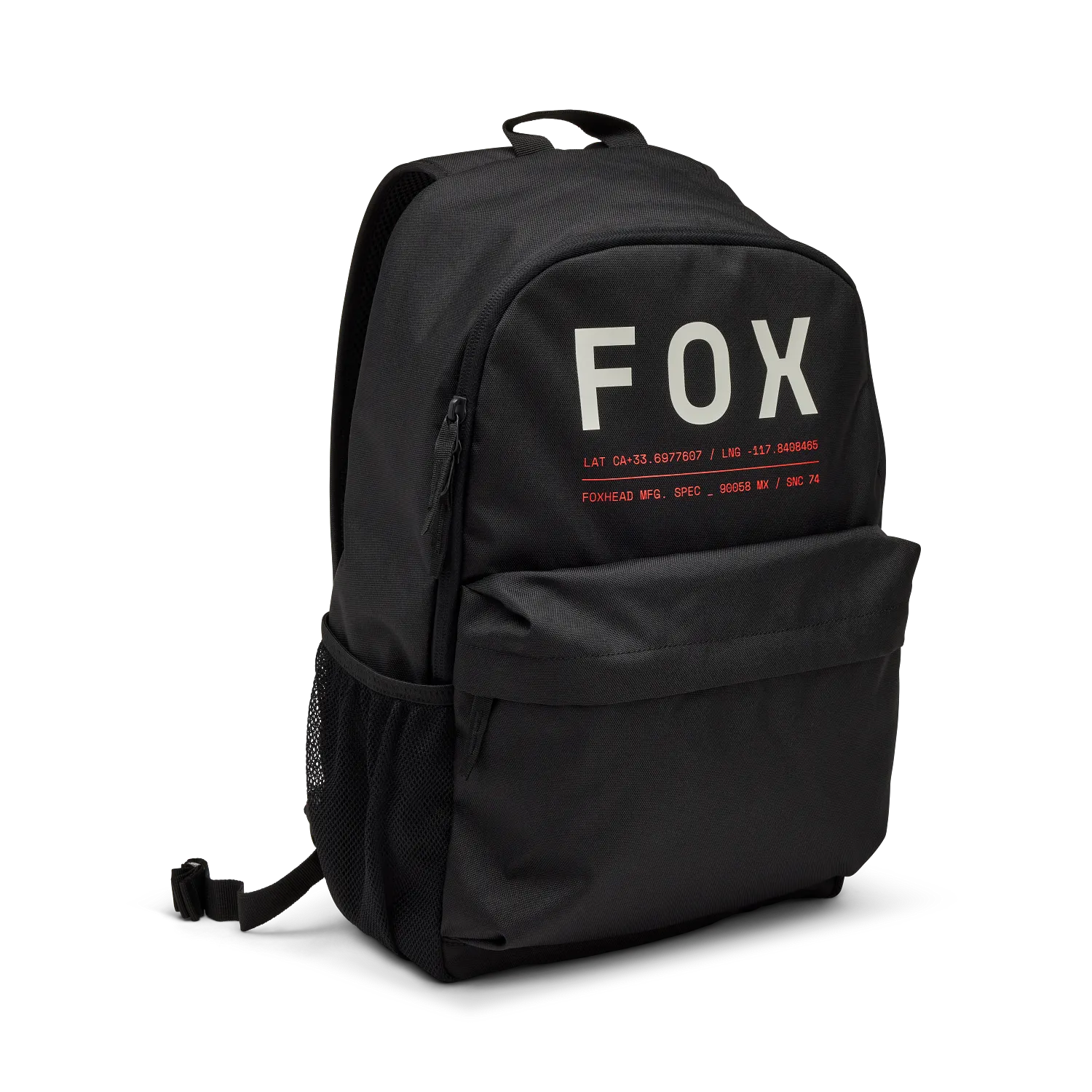 Sac à dos - Fox noir en polyester avec poche avant zippée, style urbain, unisexe adulte, vue de trois quarts face.