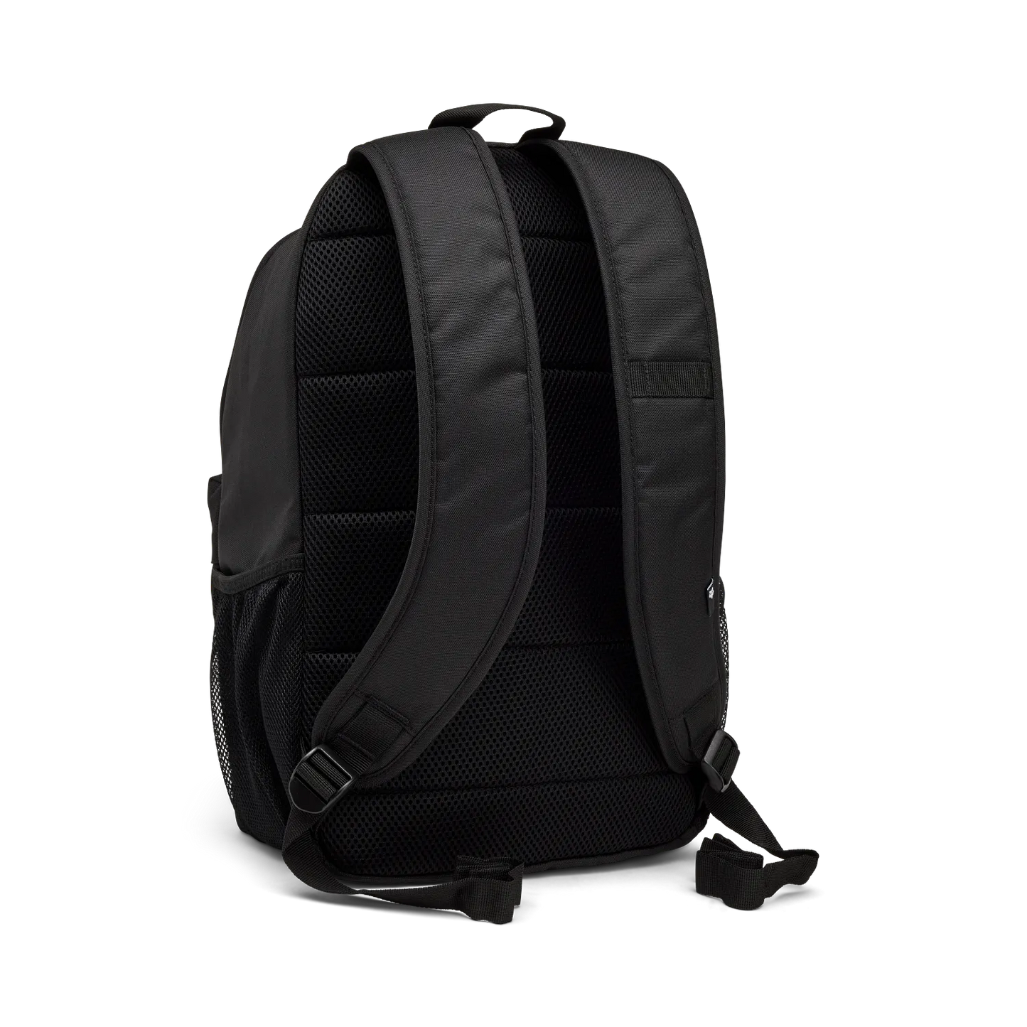Sac à dos noir en tissu avec bretelles rembourrées et dos matelassé en maille respirante, vue de dos.