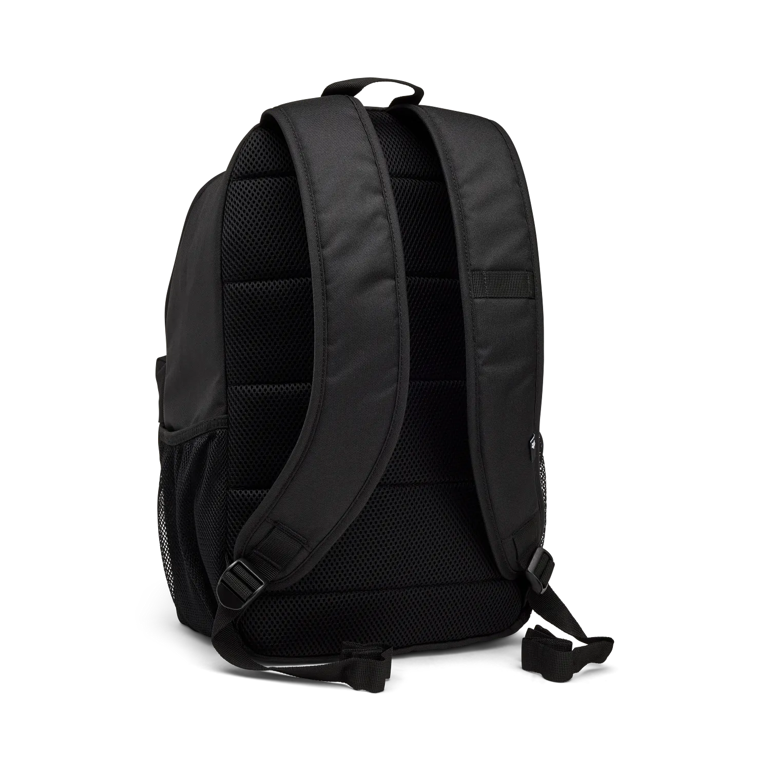 Sac à dos noir en tissu avec bretelles rembourrées et dos matelassé en maille respirante, vue de dos.
