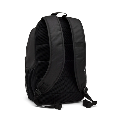 Sac à dos noir en tissu avec bretelles rembourrées et dos matelassé en maille respirante, vue de dos.