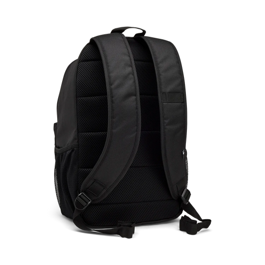 Sac à dos noir en tissu avec bretelles rembourrées et dos matelassé en maille respirante, vue de dos.