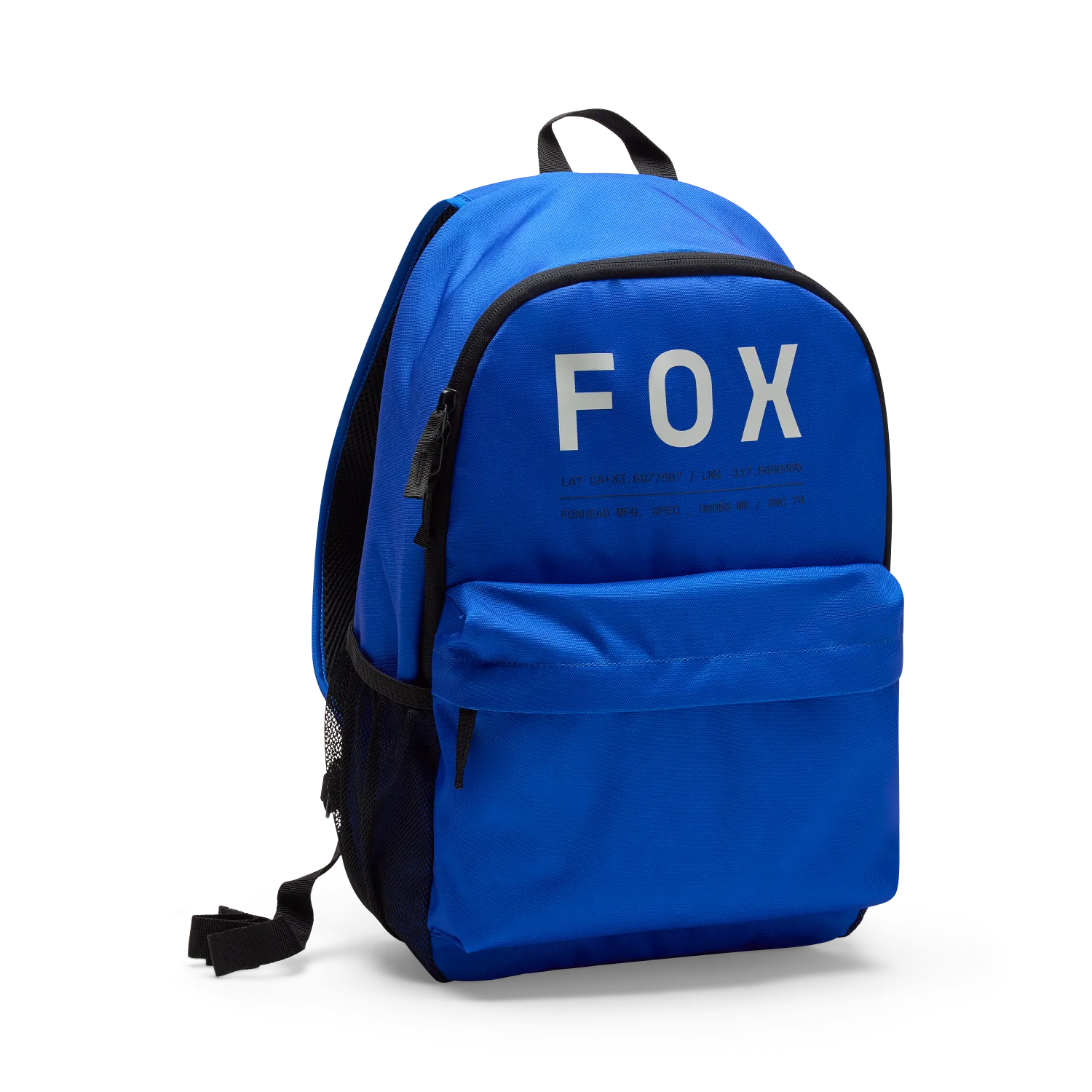 Sac à dos - Fox bleu royal en polyester avec poche avant zippée et filets latéraux noirs, pour enfant, vue de trois quarts côté droit.