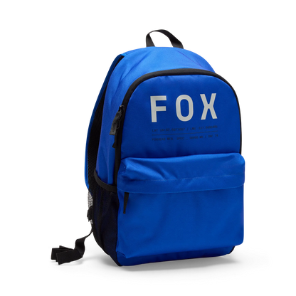 Sac à dos - Fox bleu royal en polyester avec poche avant zippée et filets latéraux noirs, pour enfant, vue de trois quarts côté droit.