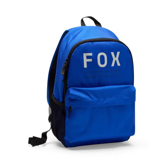 Sac à dos - Fox bleu royal en polyester avec poche avant zippée et filets latéraux noirs, pour enfant, vue de trois quarts côté droit.