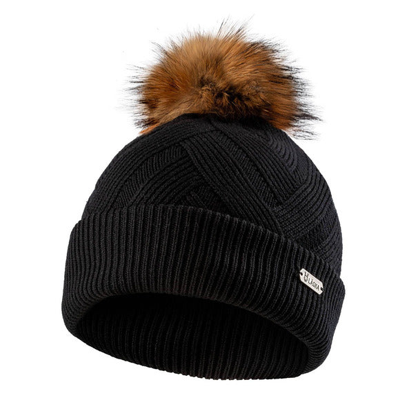 Bonnet en maille côtelée noire avec pompon en fourrure brune, vue de face