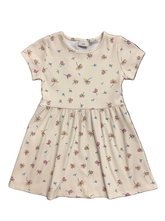 Robe - M.I.D. beige à manches courtes avec imprimé floral rose, jaune et bleu, en coton, pour enfant, vue de face.