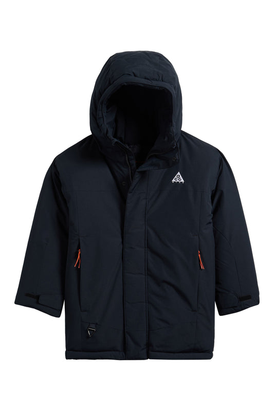 Manteau d'hiver ACG Pinnacle Snowplay - Nike noir à capuche avec fermetures orange et logo blanc vue de face