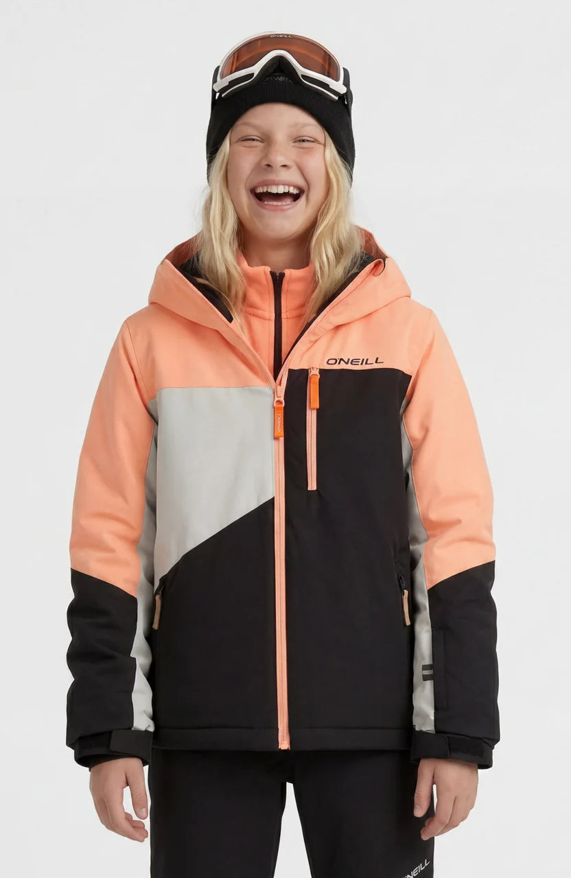 Manteau d'hiver Fwc'cruz - O'Neill pour fille en corail noir et gris avec capuche vue de face