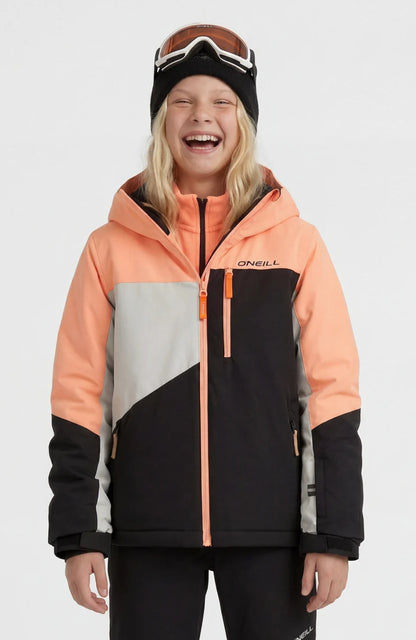 Manteau d'hiver Fwc'cruz - O'Neill pour fille en corail noir et gris avec capuche vue de face
