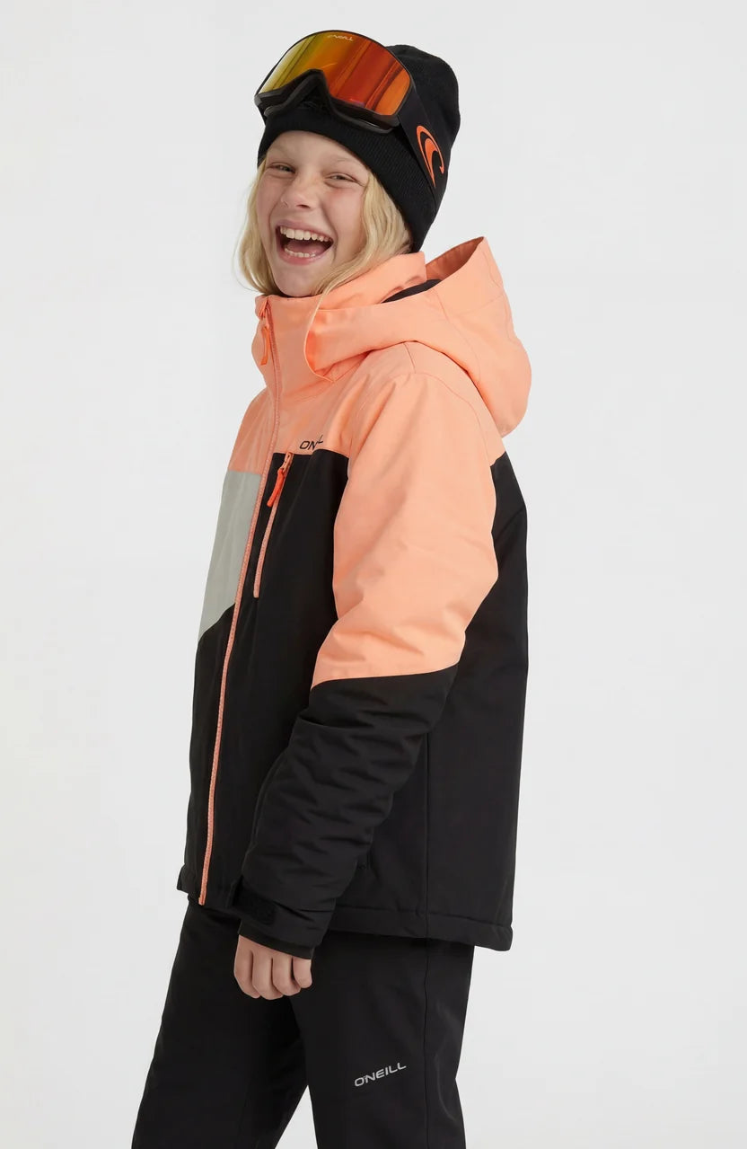 Manteau d'hiver Fwc'cruz - O'Neill orange et noir pour fille en tenue de ski vue de trois quarts