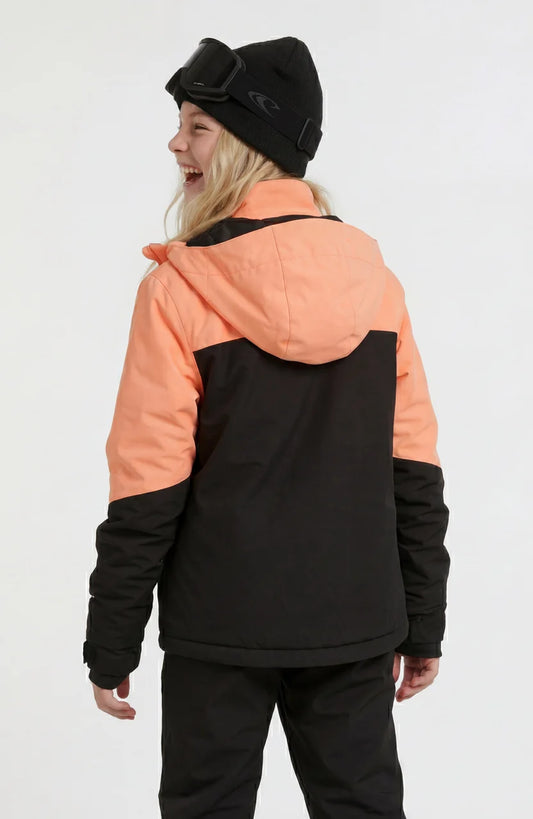 Manteau d'hiver Fwc'cruz - O'Neill noir et corail à capuche porté par une femme vue de dos
