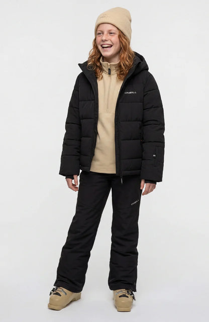 Manteau d'hiver Fwc'cruz Puffer - O'Neill noir matelassé à capuche, porté de face par une jeune fille