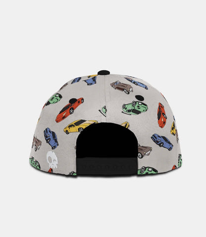 Casquette - Headster grise avec motifs de voitures multicolores, style enfant, vue de dos avec fermeture ajustable noire.