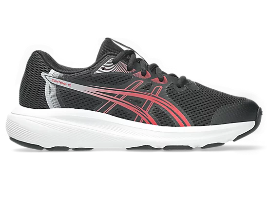 Espadrilles Contend 10 Gs - Asics noir avec détails rouges et blancs, style running, matière mesh respirante, vue de côté.