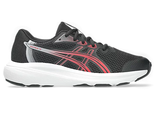 Espadrilles Contend 10 Gs - Asics noir avec détails rouges et blancs, style running, matière mesh respirante, vue de côté.