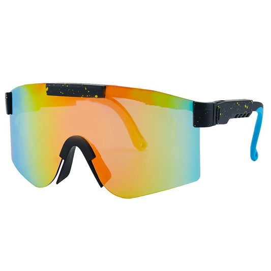 Lunettes de soleil - Kids Windshield écran orange réfléchissant, branches noires avec éclats jaunes, embouts bleus, vue de face