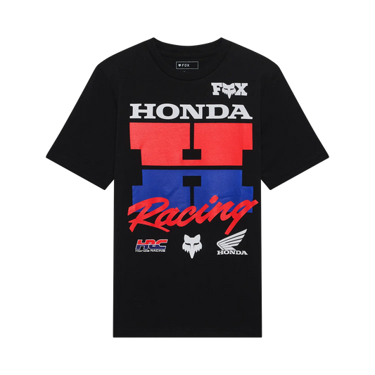T-Shirt Honda - Fox noir avec impression graphique rouge, bleu et blanche, coton 100%, coupe standard, vue de face.