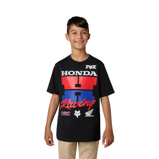 T-Shirt Honda - Fox noir à manches courtes en coton, graphisme rouge et bleu, porté par garçon, vue de face