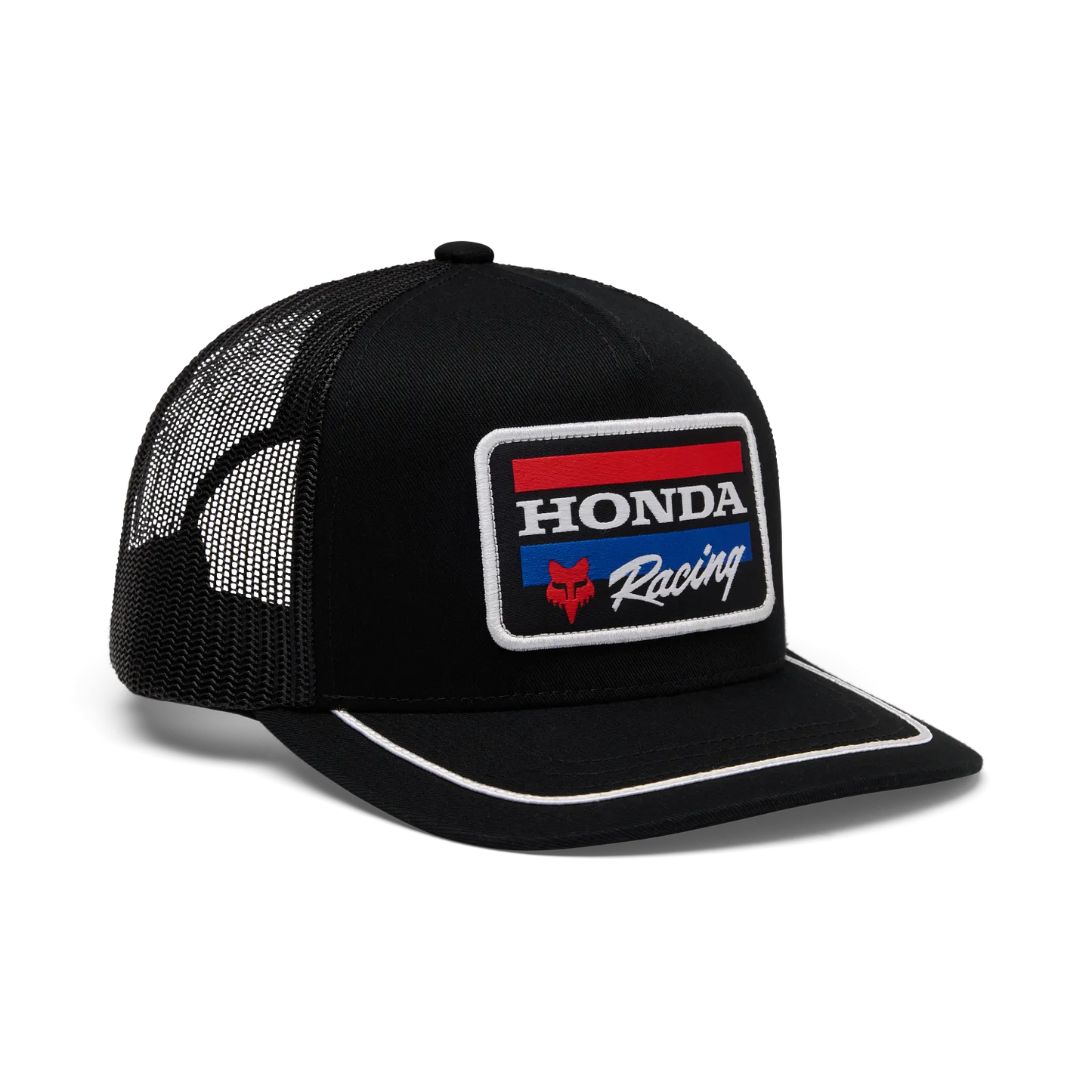 Casquette Honda Snapback - Fox noire avec filet arrière noir, patch brodé rouge, bleu, blanc, vue de profil gauche.