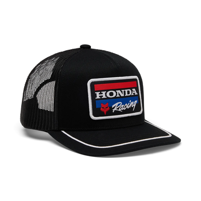 Casquette Honda Snapback - Fox noire avec filet arrière noir, patch brodé rouge, bleu, blanc, vue de profil gauche.
