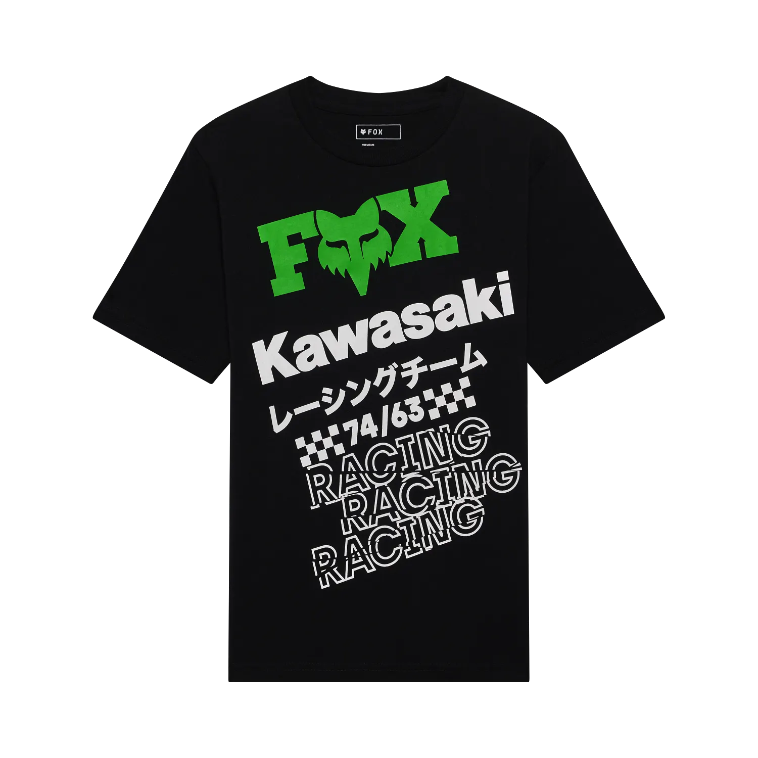 T-Shirt Kawi- Fox noir en coton avec graphisme vert et blanc, style casual, vue de face, coupe standard homme.