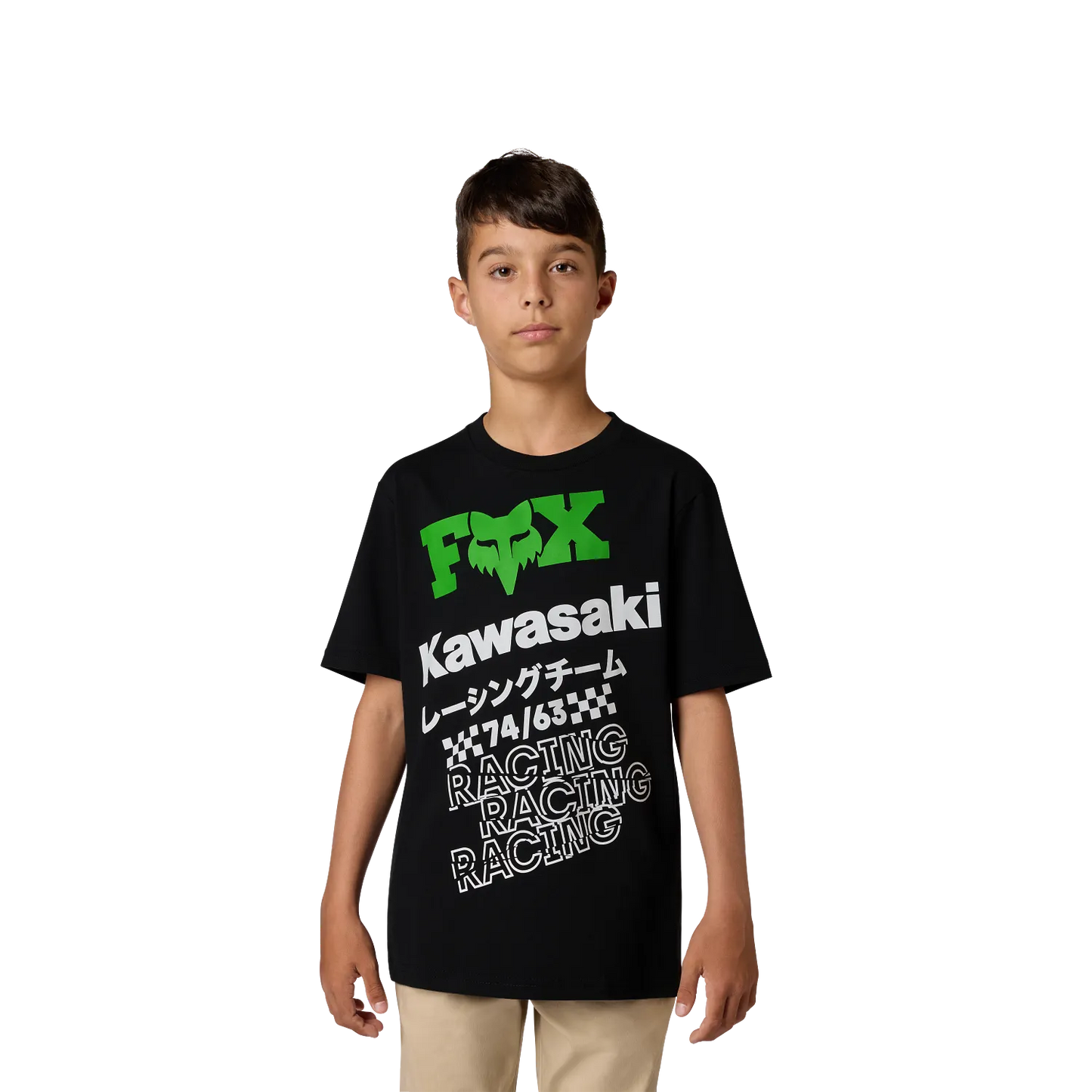 T-Shirt Kawi- Fox noir avec imprimés verts et blancs, coton, coupe standard, porté par garçon, vue de face