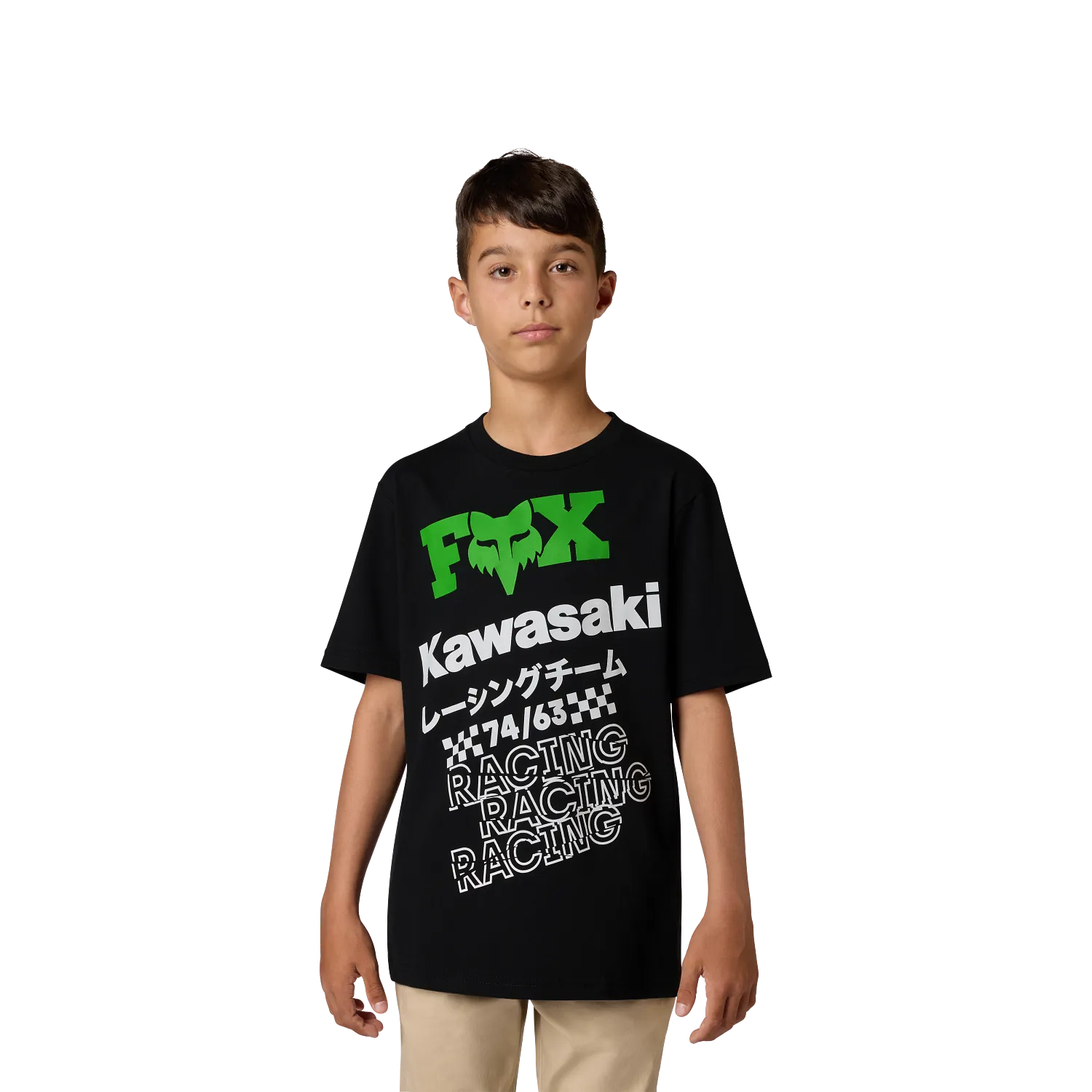 T-Shirt Kawi- Fox noir avec imprimés verts et blancs, coton, coupe standard, porté par garçon, vue de face