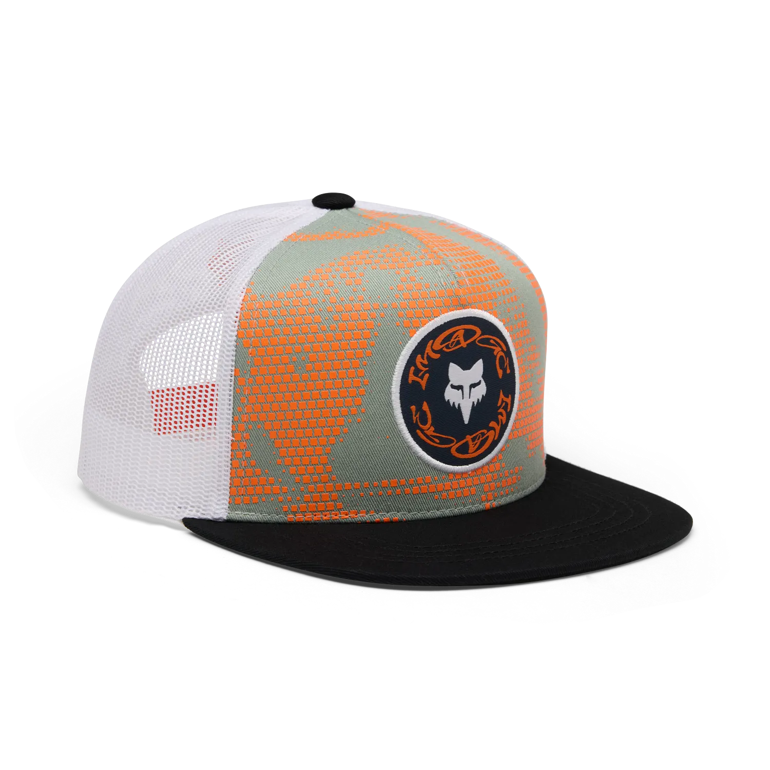 Casquette Image Print Snapback - Fox vue de profil avec maille blanche et bord incurvé noir en format carré 1500x1500
