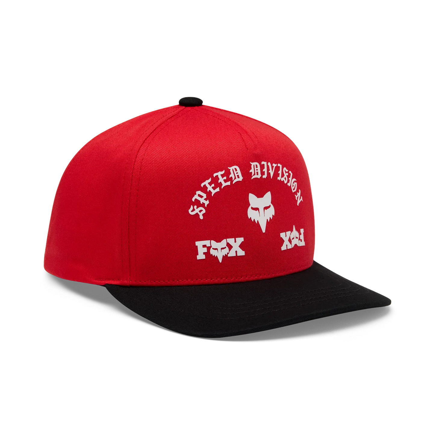 Casquette Icon Snapback - Fox rouge et noire avec sérigraphie blanche, style snapback, vue trois-quarts gauche, dimensions 1500x1500.