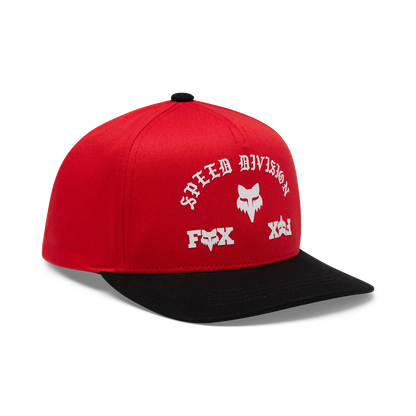 Casquette Icon Snapback - Fox rouge et noire avec sérigraphie blanche, style snapback, vue trois-quarts gauche, dimensions 1500x1500.