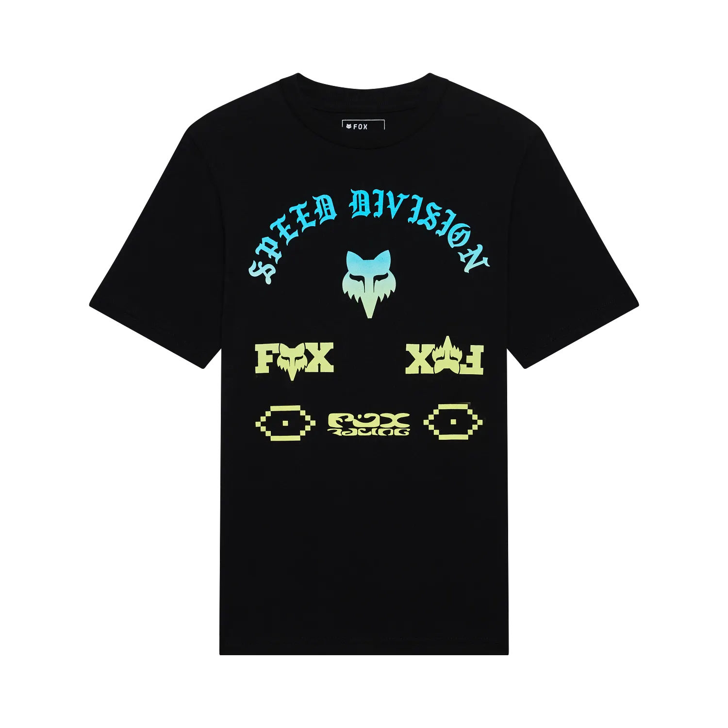 T-Shirt Icon - Fox noir 1500x1500 galerie 1 avec motifs graphiques bleu et jaune en coton peigné filé