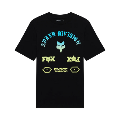 T-Shirt Icon - Fox noir 1500x1500 galerie 1 avec motifs graphiques bleu et jaune en coton peigné filé