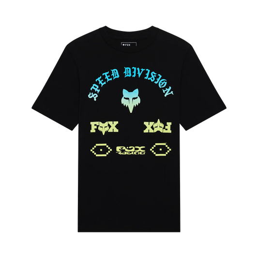 T-Shirt Icon - Fox noir 1500x1500 galerie 1 avec motifs graphiques bleu et jaune en coton peigné filé