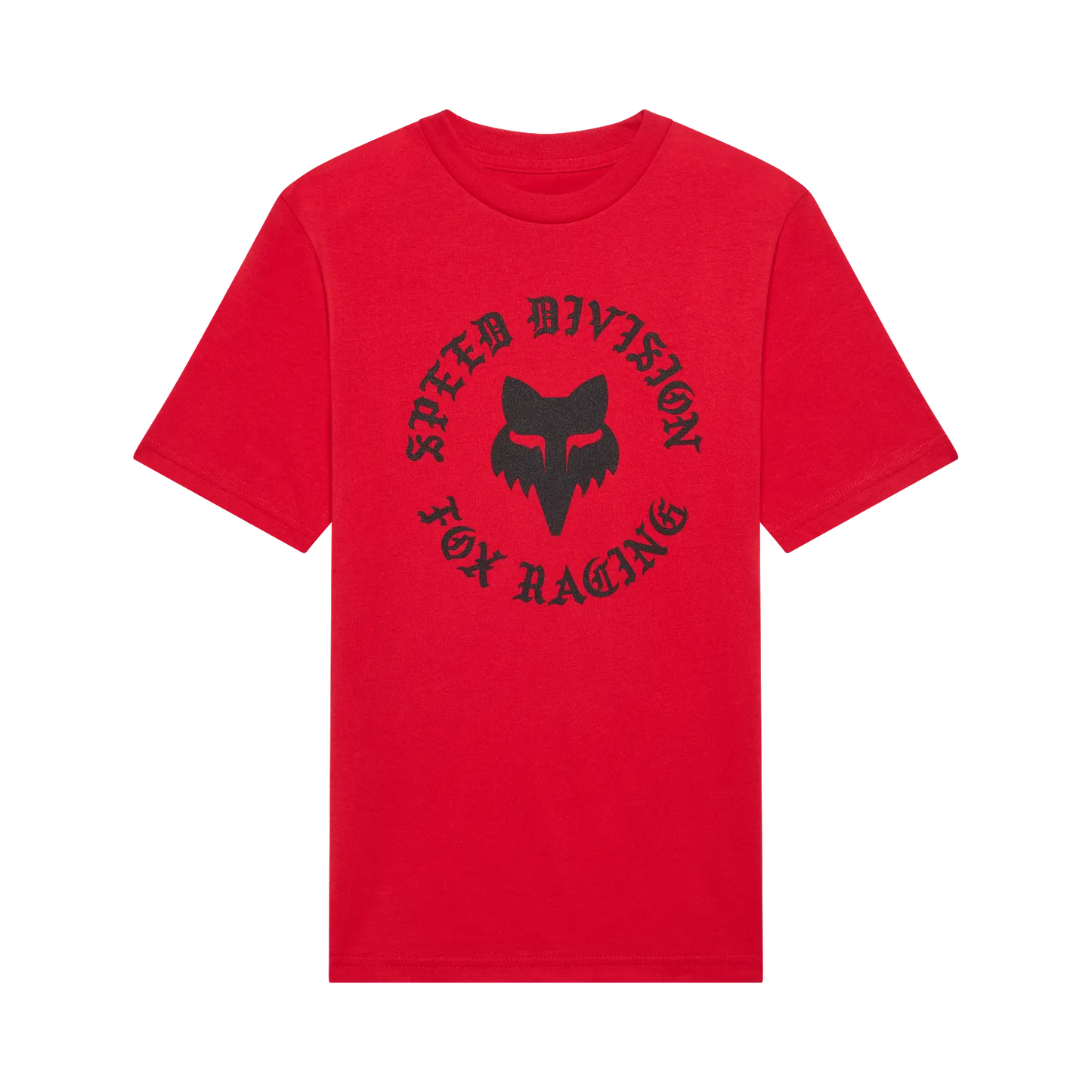 T-Shirt Badge - Fox rouge en coton peigné, imprimé noir tête de renard, vue de face, coupe classique adulte.