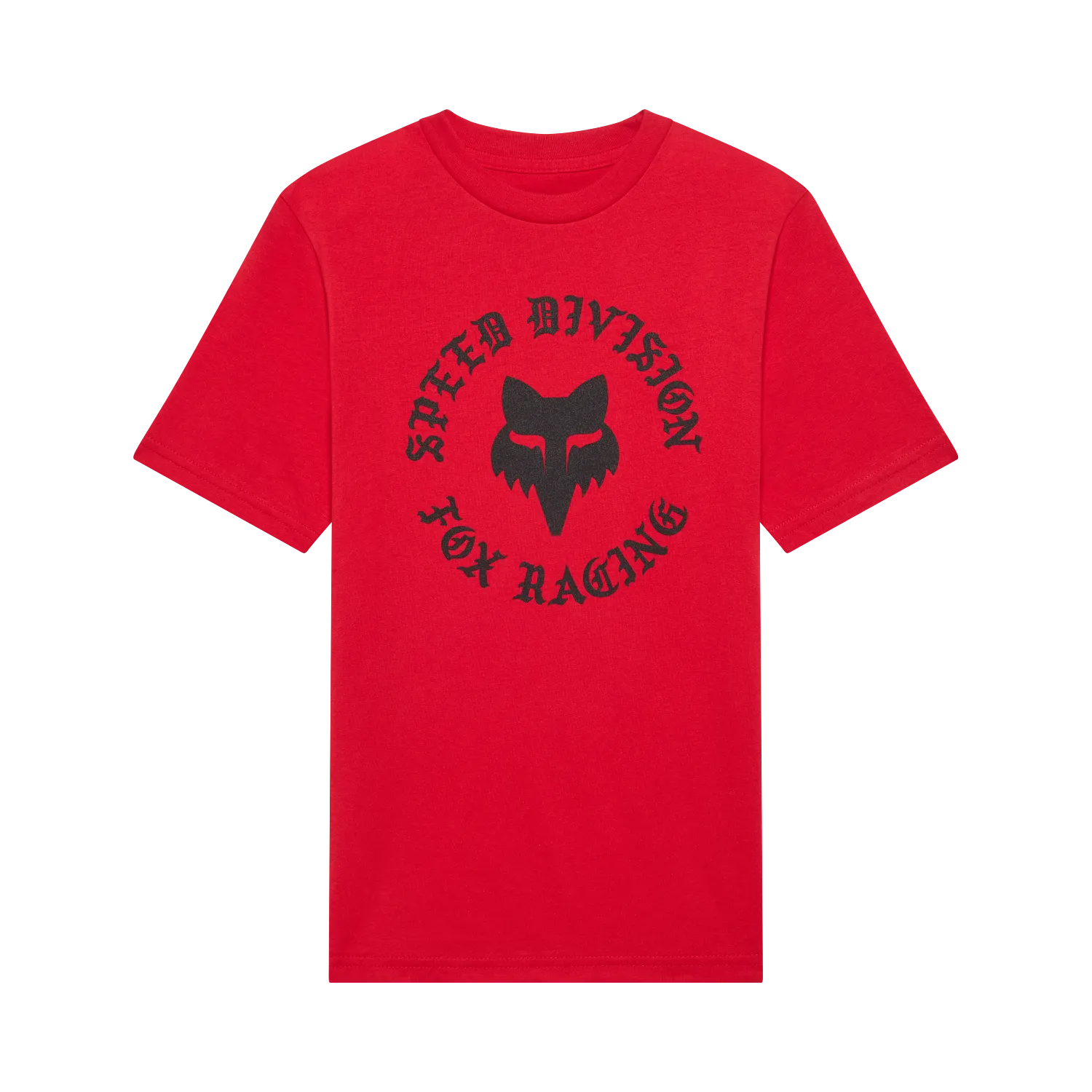 T-Shirt Badge - Fox rouge en coton peigné, imprimé noir tête de renard, vue de face, coupe classique adulte.
