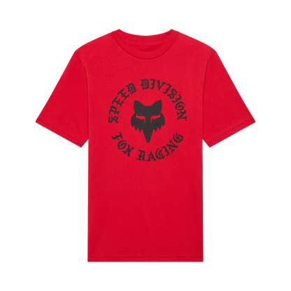 T-Shirt Badge - Fox rouge en coton peigné, imprimé noir tête de renard, vue de face, coupe classique adulte.