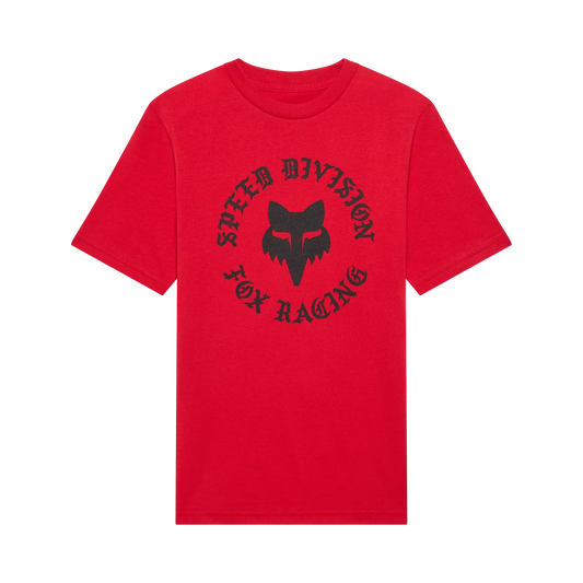 T-Shirt Badge - Fox rouge en coton peigné, imprimé noir tête de renard, vue de face, coupe classique adulte.