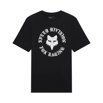 T-Shirt Badge - Fox noir en coton peigné avec logo blanc "Speed Division Fox Racing", vue de face, dimensions 1500x1500