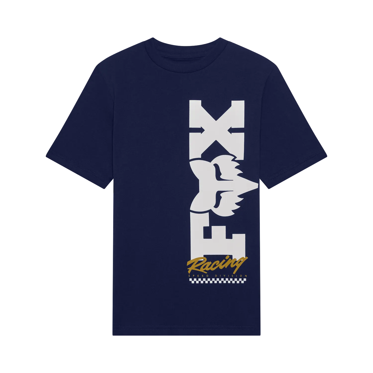 T-Shirt Checker - Fox bleu marine en coton peigné avec logo blanc et jaune, style graphique, vue de face, dimensions 1500x1500, carré.