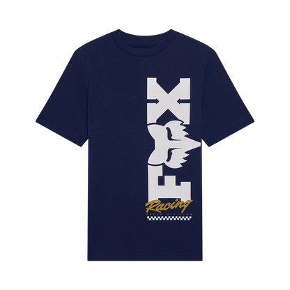 T-Shirt Checker - Fox bleu marine en coton peigné avec logo blanc et jaune, style graphique, vue de face, dimensions 1500x1500, carré.