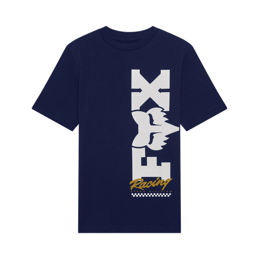 T-Shirt Checker - Fox bleu marine en coton peigné avec logo blanc et jaune, style graphique, vue de face, dimensions 1500x1500, carré.