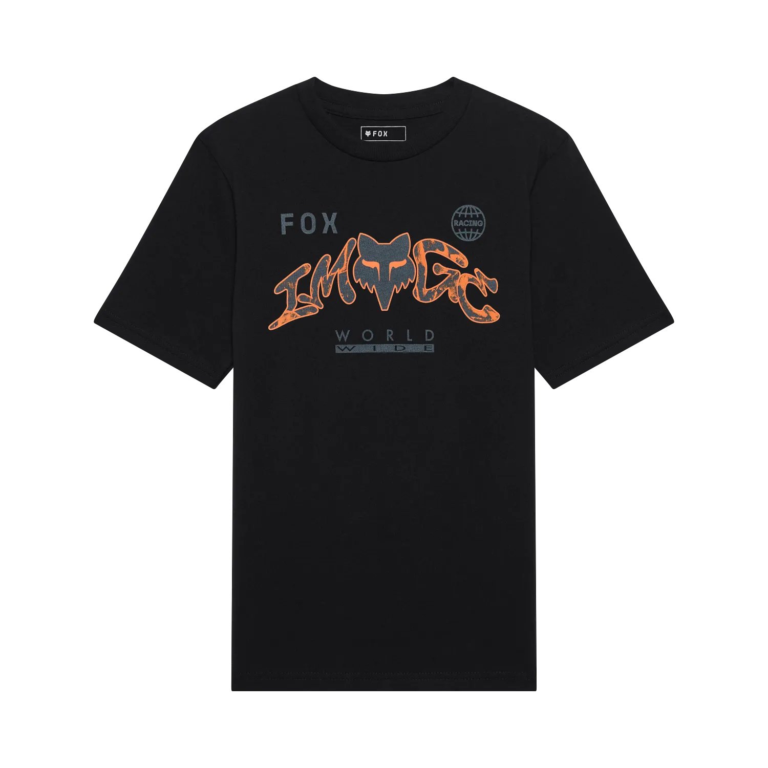 T-Shirt Image Print - Fox noir en coton peigné avec logo orange et gris, style graphique, vue de face, taille adulte homme