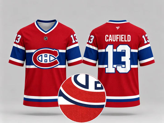Jersey manches courtes - Caufield - PROMO 2 pour 50$ rouge avec rayures bleues et blanches numéro 13 vue de face et de dos détail du tissu