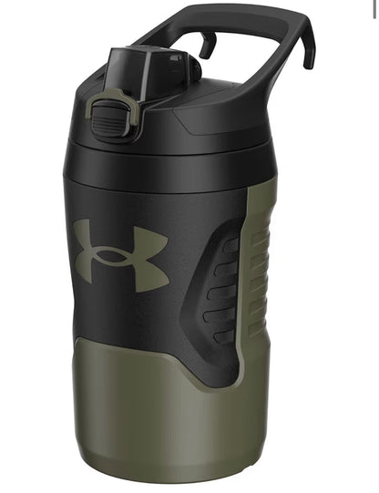 Bouteille 32oz - Under Armour noire et kaki avec couvercle verrouillable, mousse isolée, vue de face portrait.