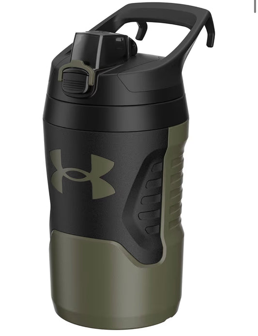 Bouteille 32oz - Under Armour noire et kaki avec couvercle verrouillable, mousse isolée, vue de face portrait.