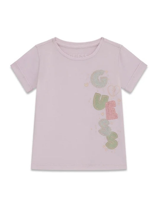 T-Shirt - Guess rose clair en coton avec lettrage coloré vert et rose, pour enfant, vue de face.