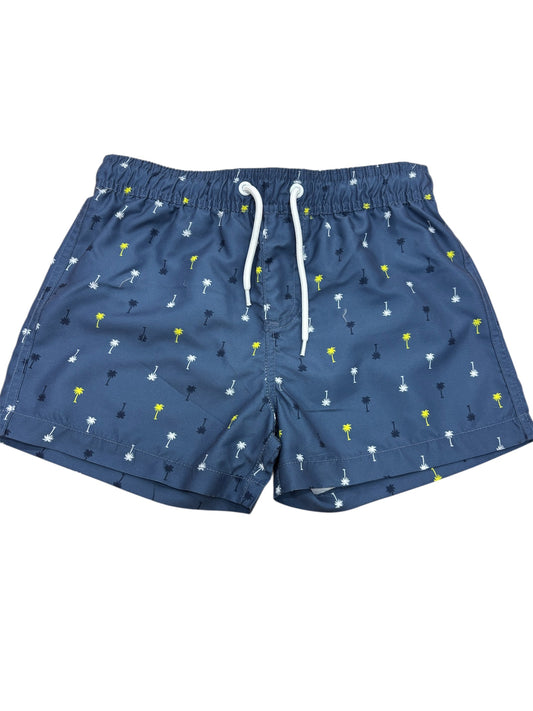 Maillot de bain - Northcoast short bleu marine avec motifs palmiers blancs, noirs et jaunes, cordon blanc, vue de face.