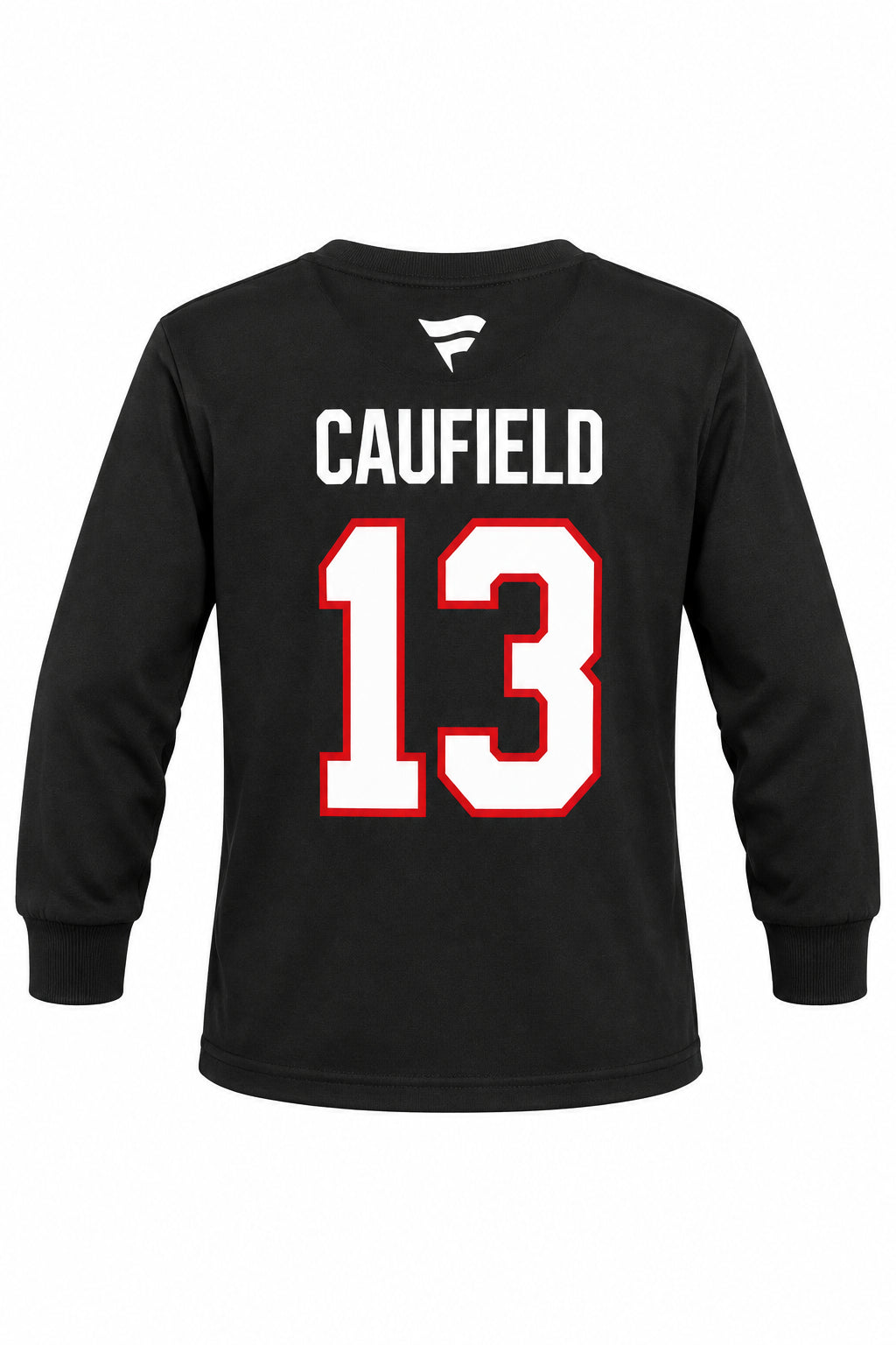 Chandail Caufield noir à manches longues avec numéro 13 blanc bordé de rouge et inscription Caufield, vue de face