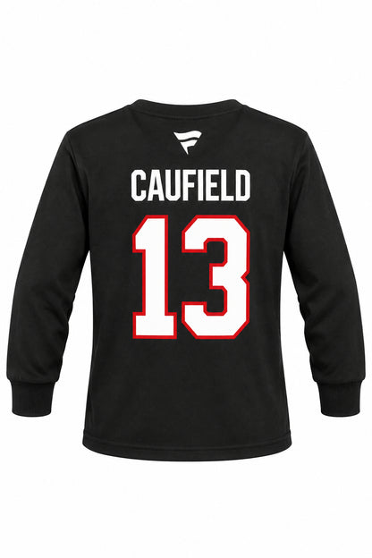Chandail Caufield noir à manches longues avec numéro 13 blanc bordé de rouge et inscription Caufield, vue de face