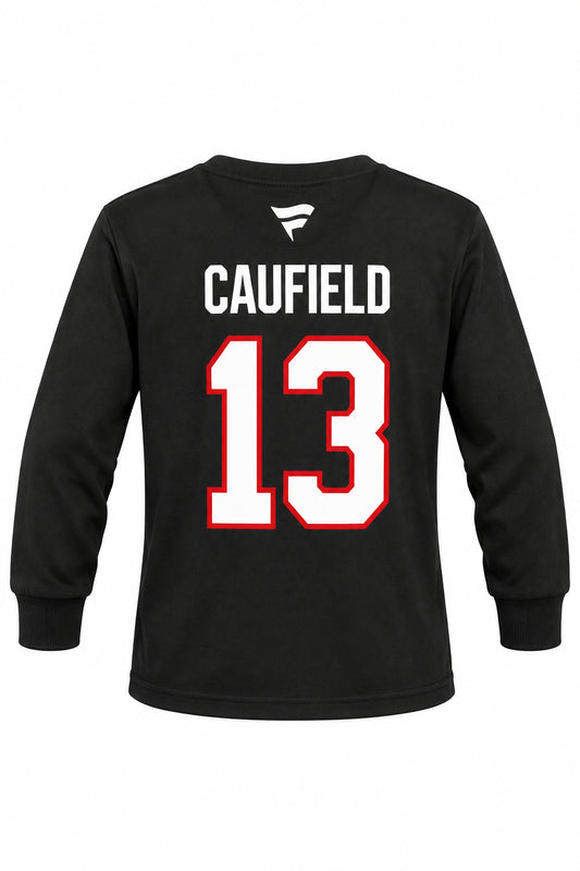 Chandail Caufield noir à manches longues avec numéro 13 blanc bordé de rouge et inscription Caufield, vue de face